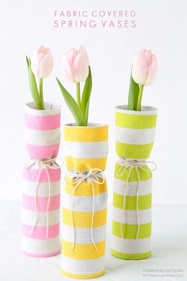 DIY crafts to make and sell: fabric covered spring vase wrapped around a recycled glass jar for craft fair centerpieces