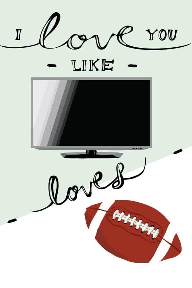 Simile Father's Day card printable with an illustrated television and football, reading I love you like