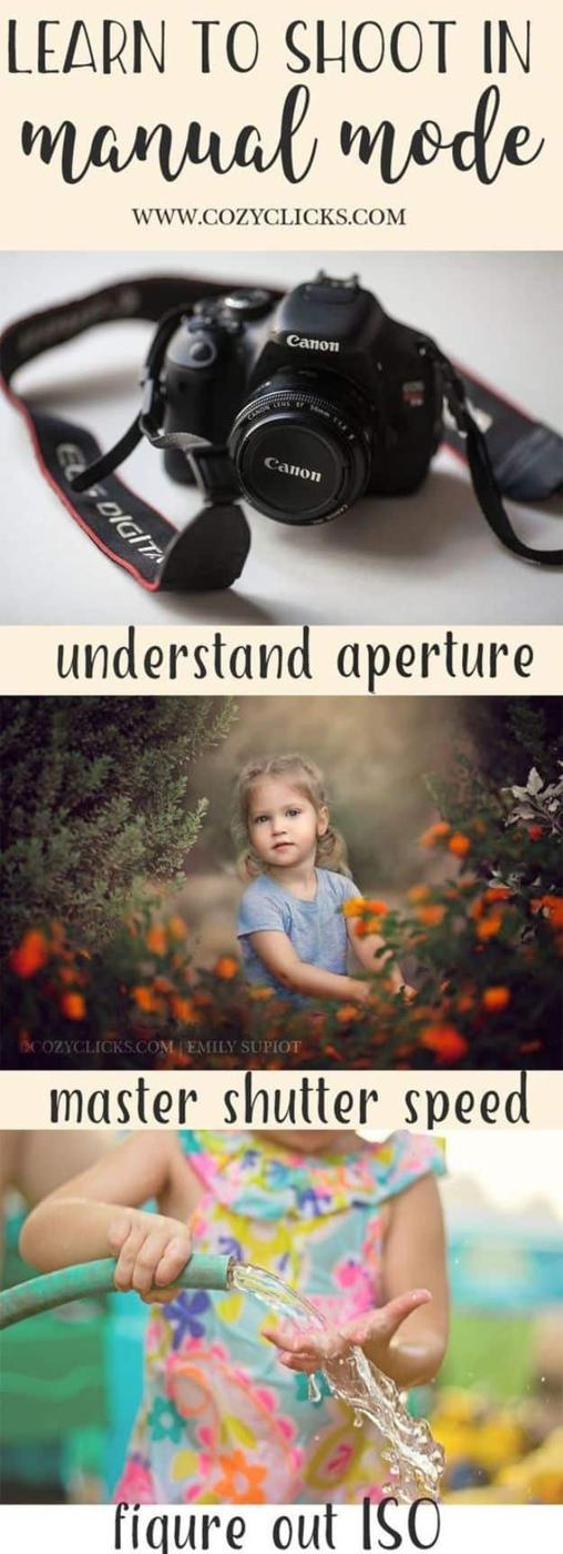 Learn to shoot in manual mode, a typeset graphic with a Canon DSLR above photographs labeled aperture, shutter speed and ISO