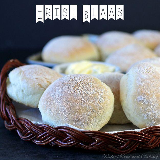 Irish blaas pin graphic, a basket of soft flour dusted white rolls with a title banner across the top