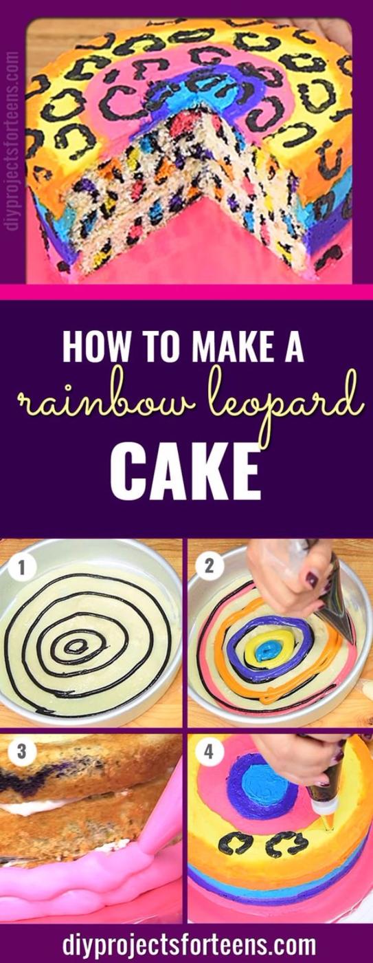 Rainbow leopard birthday cake cut open to show colorful spots with black outlines under pink frosting