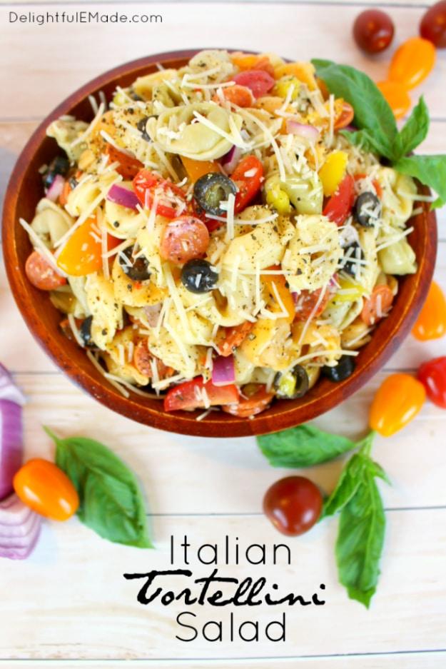 Italian tortellini pasta salad with tri color tortellini, banana peppers, olives and mini pepperoni, made the night before