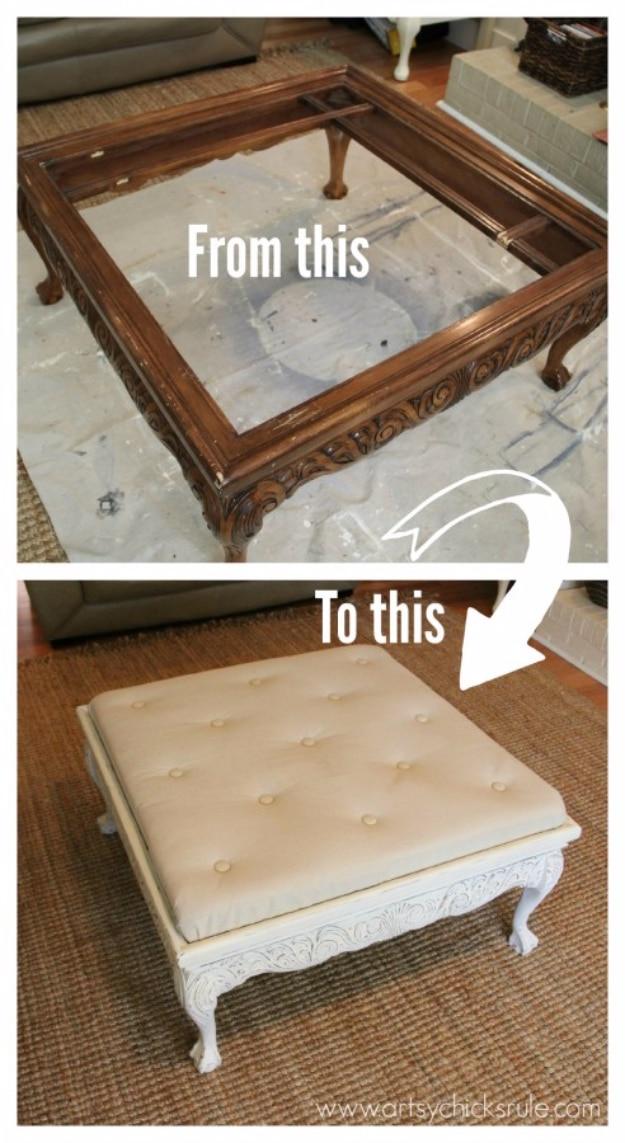From This to This graphic with a glass topped carved coffee table and the cream tufted ottoman it became