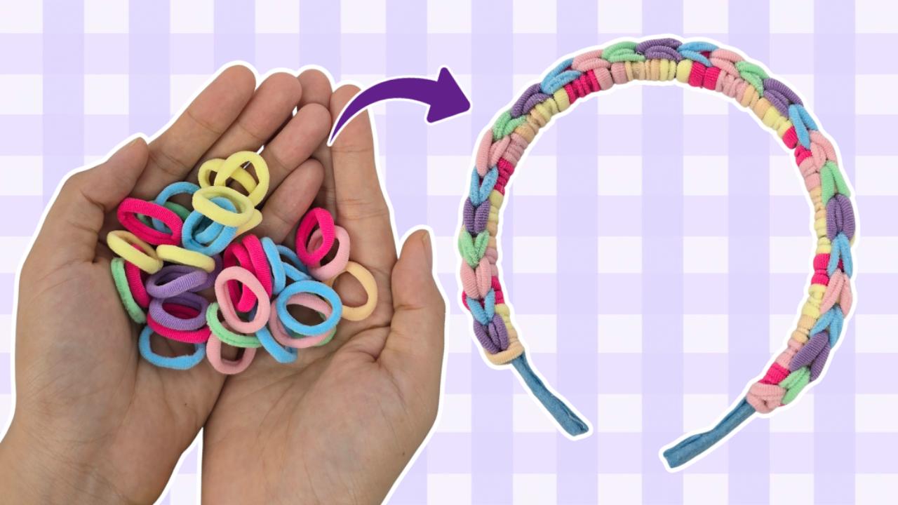Plain headband woven along its length with colorful elastic hair ties, ends covered with small felt pieces