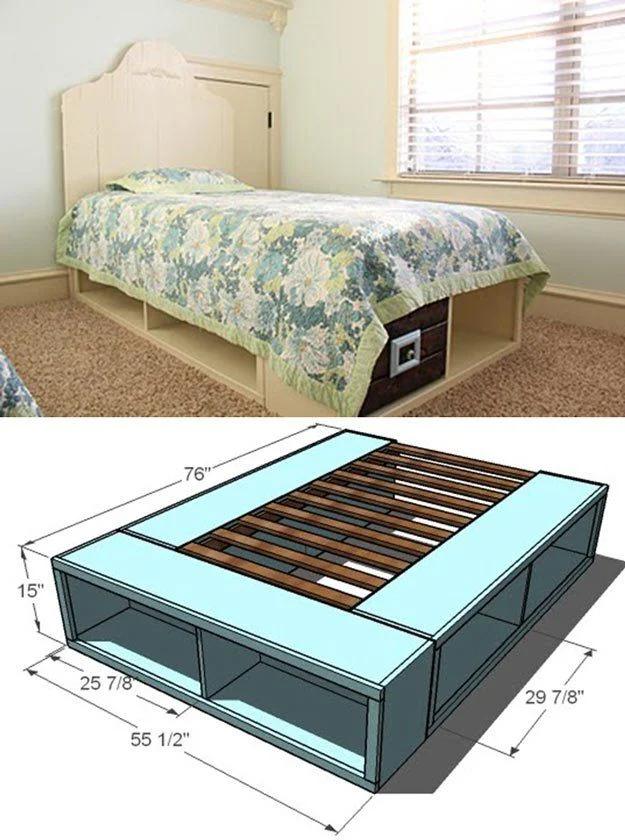 Two panel image of a cream twin storage bed with open cubbies above a labeled 3D diagram showing 76 inch length