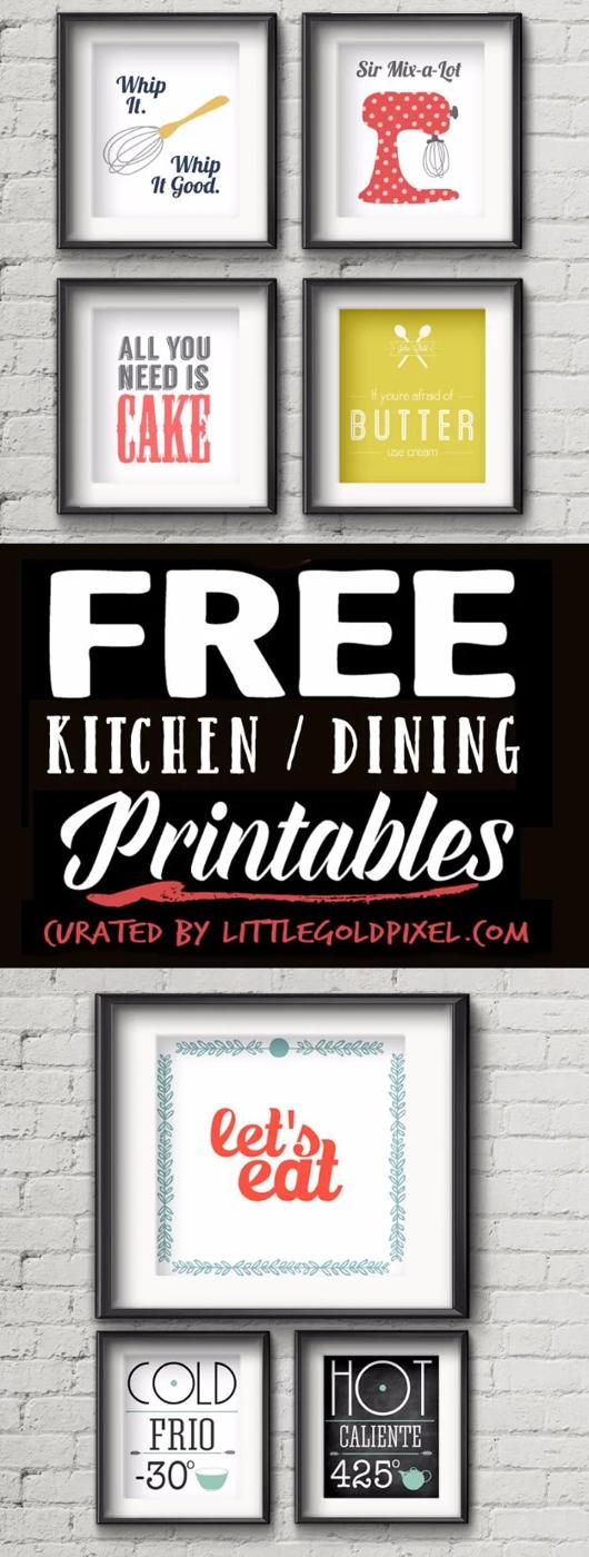 Grid of framed black and white kitchen printables with red and yellow accents, including cake and butter lettering