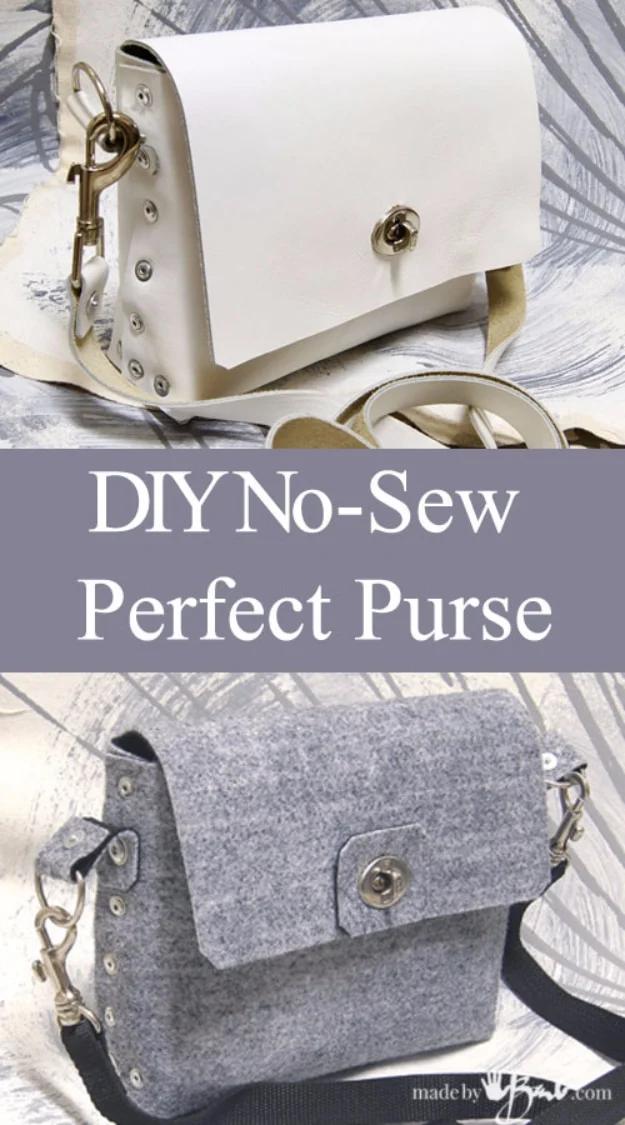 White leather and grey felt crossbody flap bags with rivets down the side panels and metal twist closures