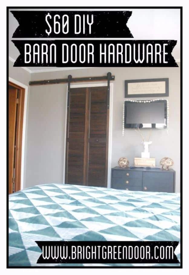 Graphic reading $60 DIY Barn Door Hardware over a bedroom with a dark sliding barn door and a teal patterned bed