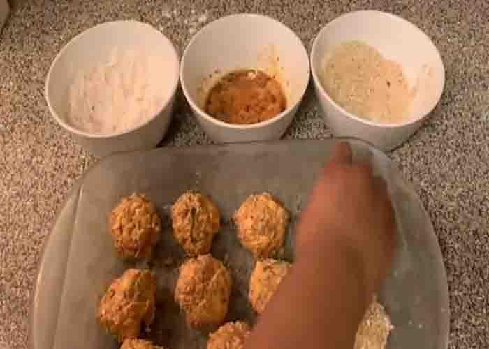 Assembling the deep fried Rotel dip balls