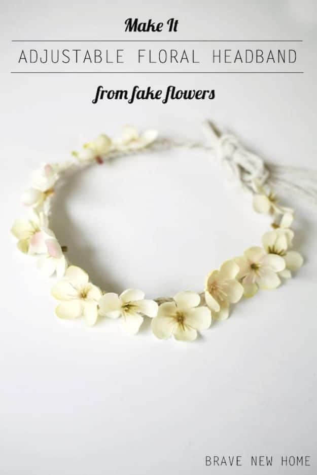 Graphic titled Adjustable Floral Headband over pale cream faux blossoms glued along a braided twine band on white