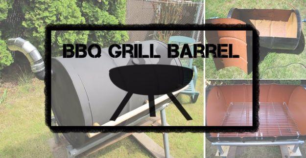 BBQ grill made from a 55 gallon barrel with a hinged lid on a metal stand, shown with three inset build photographs