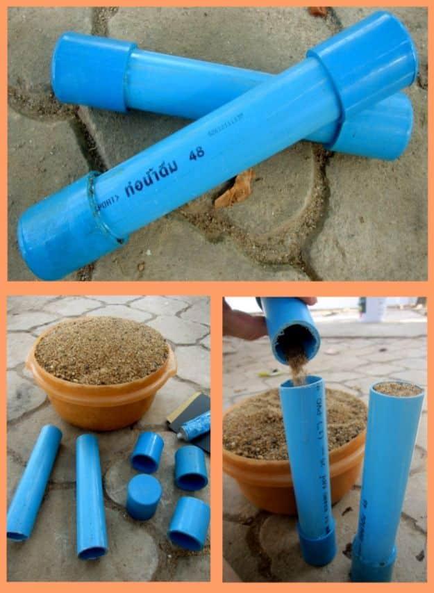 Three panel collage of blue PVC pipe pieces, a bowl of sand and a length of pipe being filled to make homemade dumbbells
