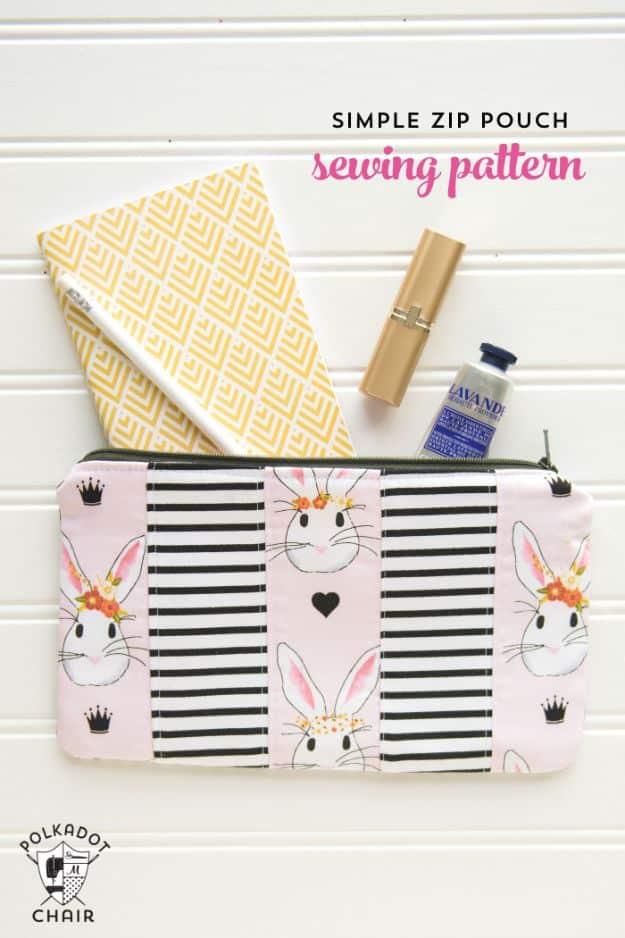 Simple zip pouch sewing pattern graphic, a bunny print and black stripe pouch with a notebook and lipstick