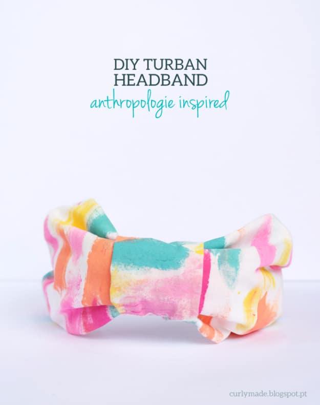 Anthropologie inspired DIY turban headband, a white headband painted in watercolor pink, coral and teal strokes