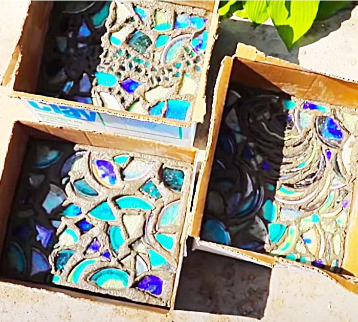 Use Cardboard Boxes To Mold Mosaic Concrete Pavers