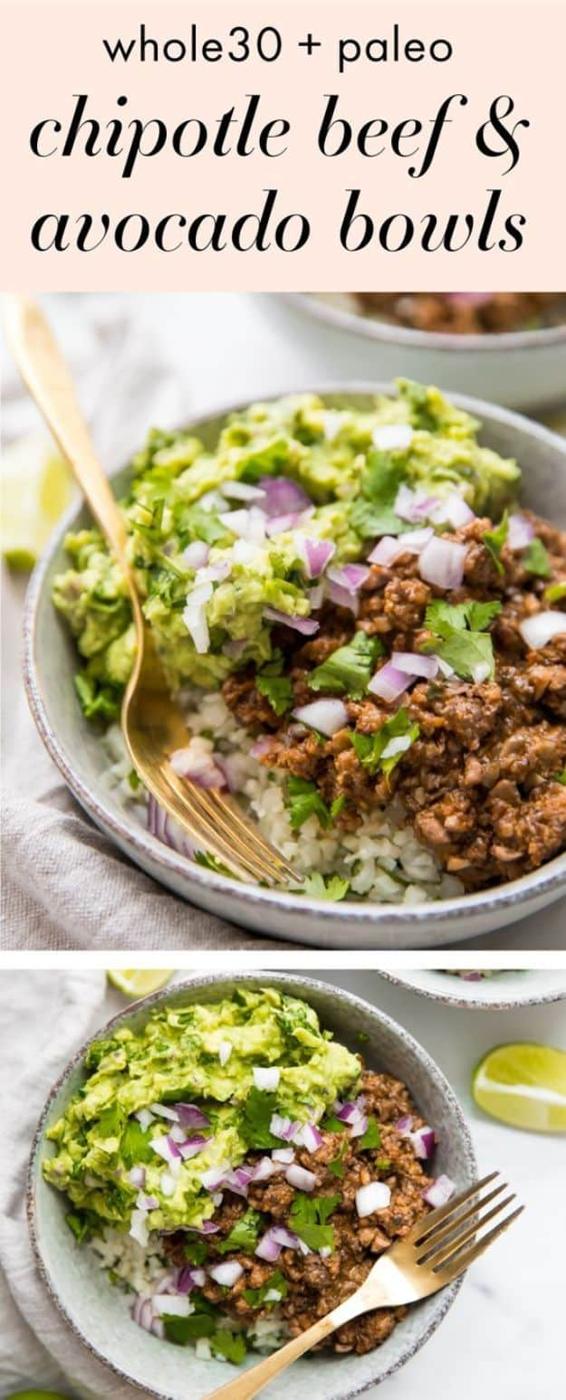 Chipotle beef and avocado bowl with cauliflower rice, ground beef and mushrooms, guacamole and red onion