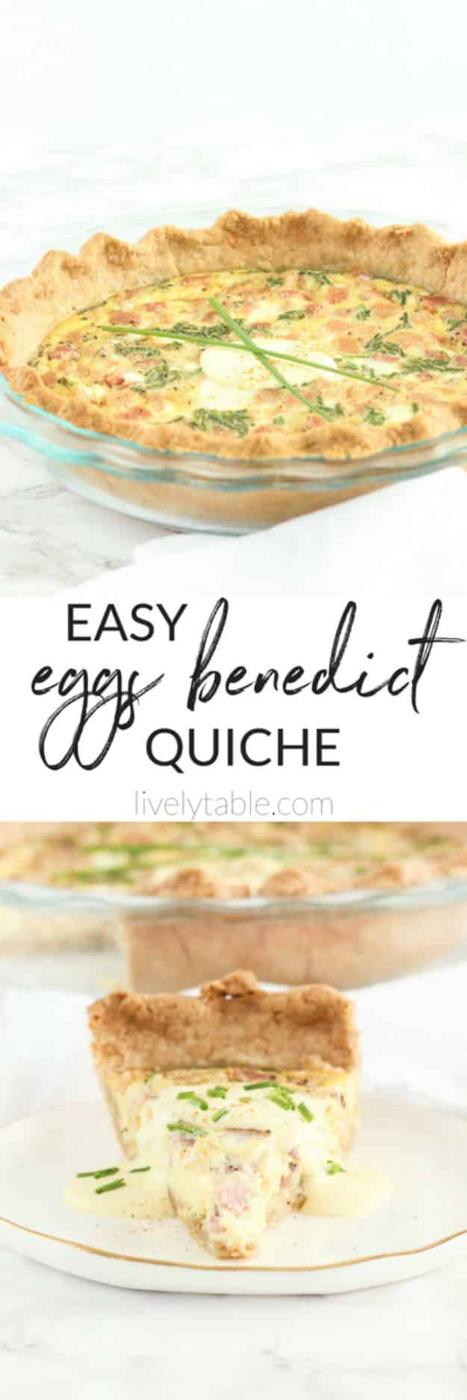 Easy eggs Benedict quiche with Canadian bacon and fresh chives, topped with a blender hollandaise sauce
