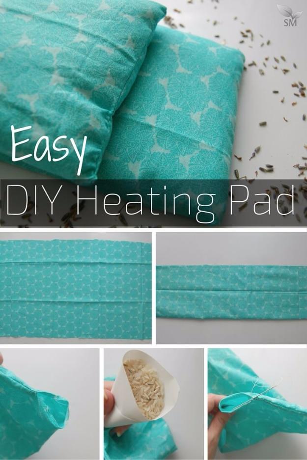Easy DIY heating pad, two aqua patterned cotton rice bags on a white surface scattered with dried lavender buds
