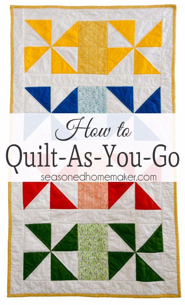 Quilt as you go graphic, yellow, blue, red and green pinwheel blocks on white with a yellow binding and a title