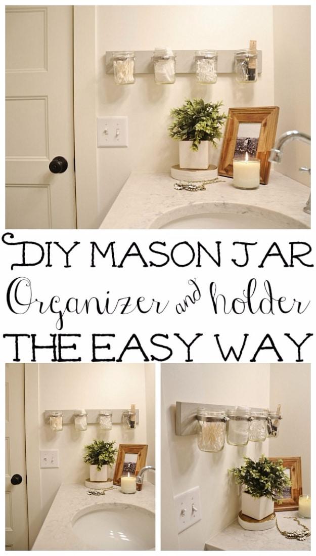 DIY Mason Jar Holder For Bathroom Organization, an easy system that actually sticks and a favorite pick from this roundup
