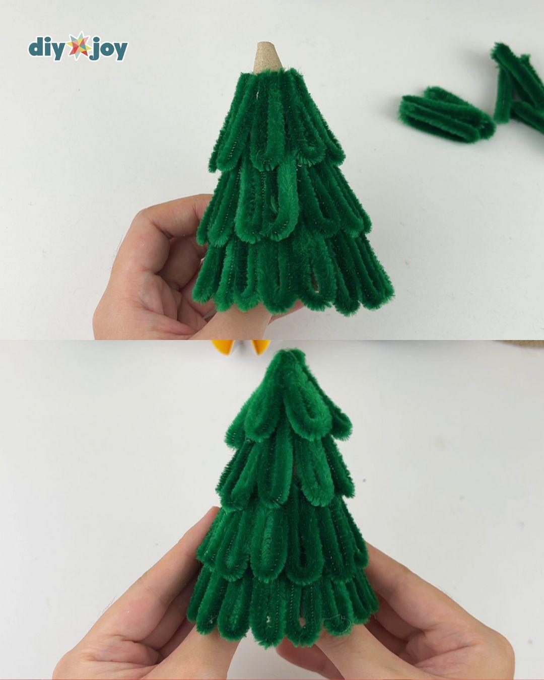 Cheap DIY Decor - two panel photo of a partly covered cardboard cone and the same cone once the green pipe cleaners reach the top