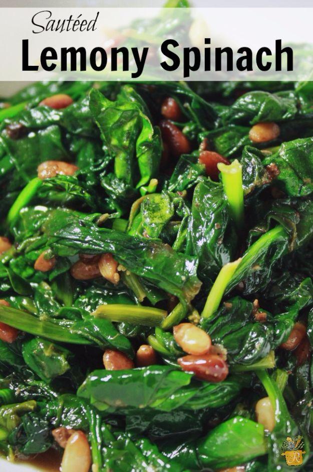 Typeset graphic reading Sauteed Lemony Spinach above a pan of wilted spinach with golden pine nuts in it