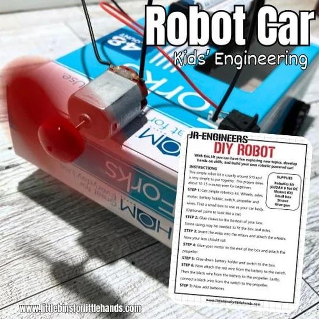 Graphic titled Robot Car Kids Engineering showing a box car with a motor, propeller and printable instructions