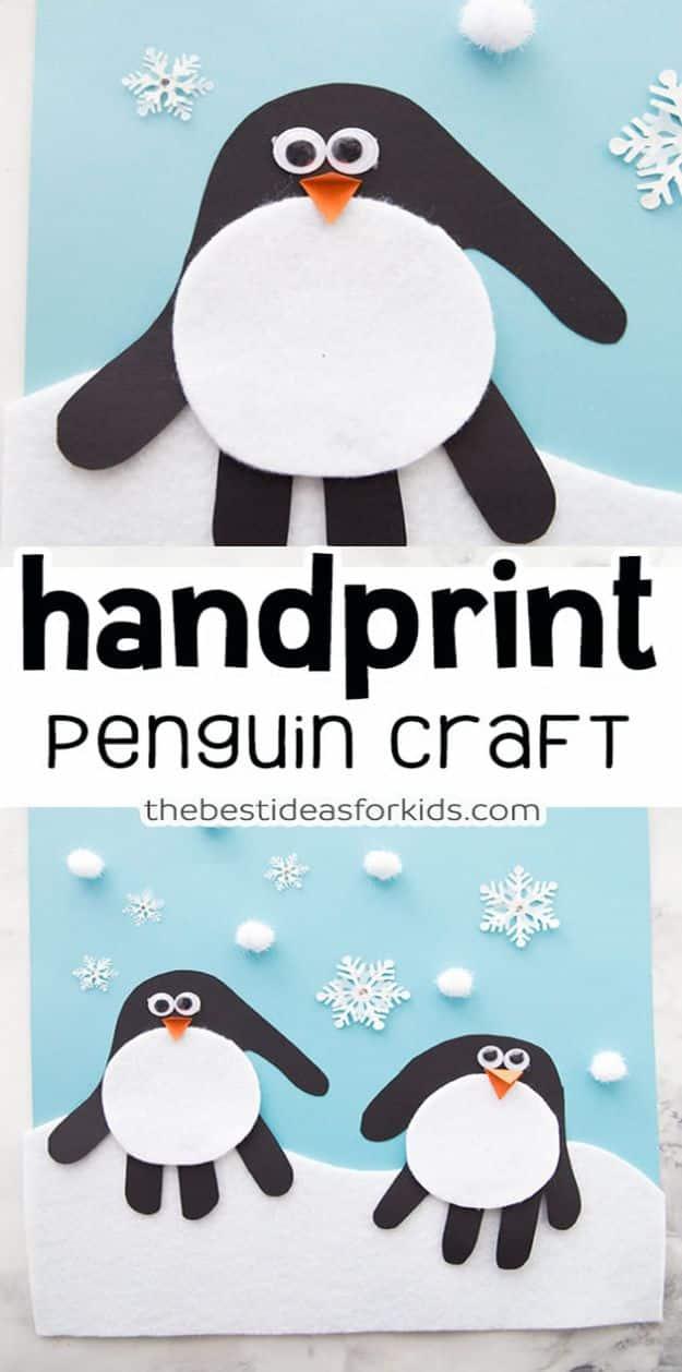 Handprint penguin on light blue paper with a white felt snowbank and snowflakes, above a panel with two more penguins