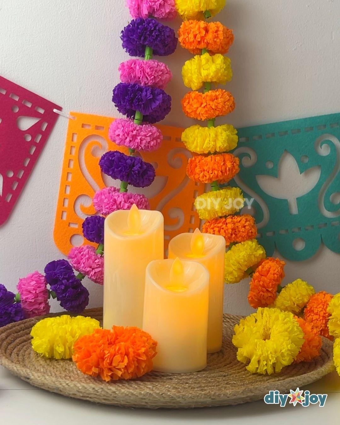 Marigold Garland Using Crepe Paper Streamers - marigold garland