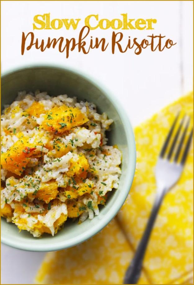 Text reading Slow Cooker Pumpkin Risotto above a bowl of creamy pumpkin rice served on a yellow napkin