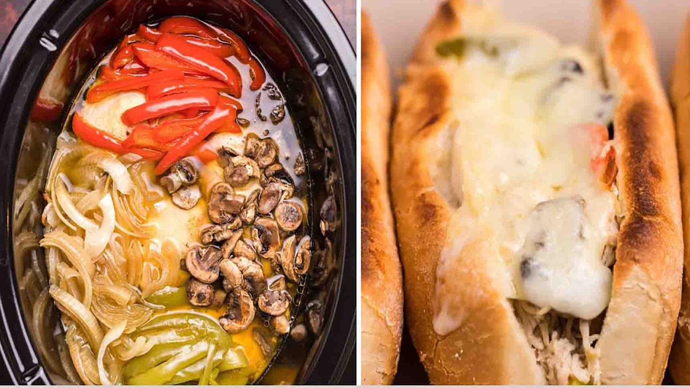 Slow Cooker Chicken Philly Cheese Steaks