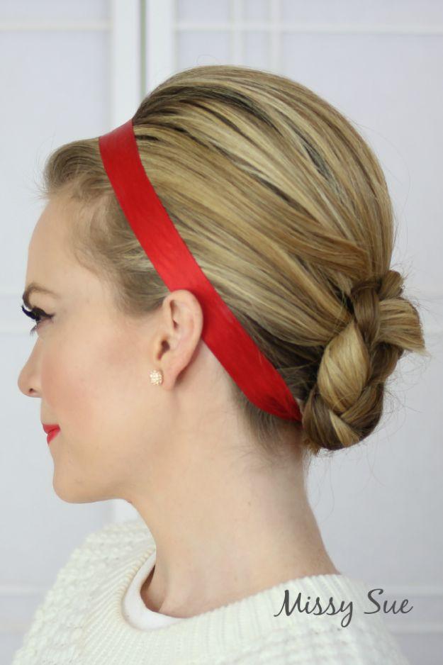 Holiday Hairstyles - Ribbon Wrapped Braided Bun - Cute DIY Hair Styles for Christmas and New Years Eve, Special Occasion - Updos, Braids, Buns, Ponytails, Half Up Half Down Looks #