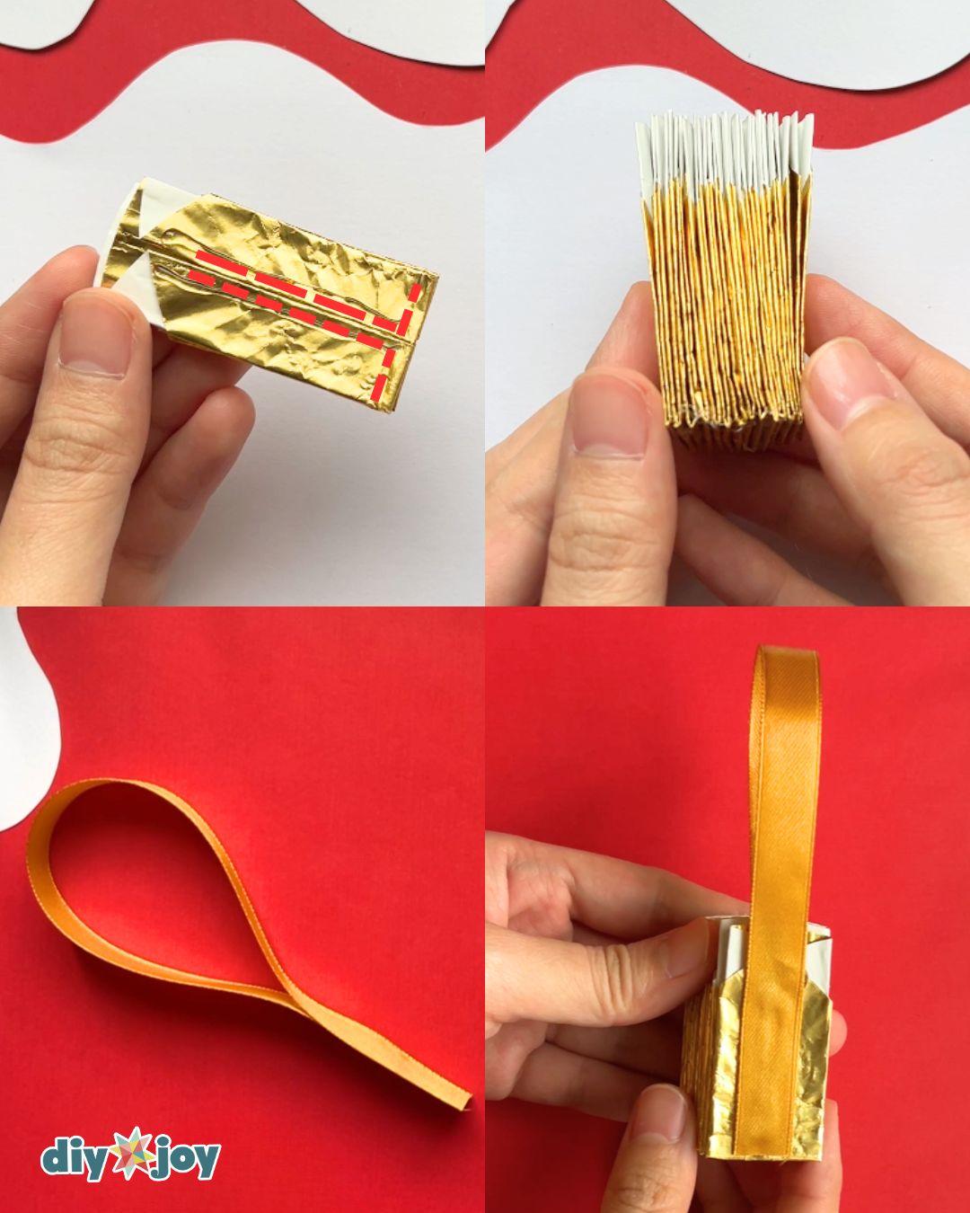 Handmade Christmas ornaments collage showing L-shaped glue lines, stacked liners and a gold ribbon loop
