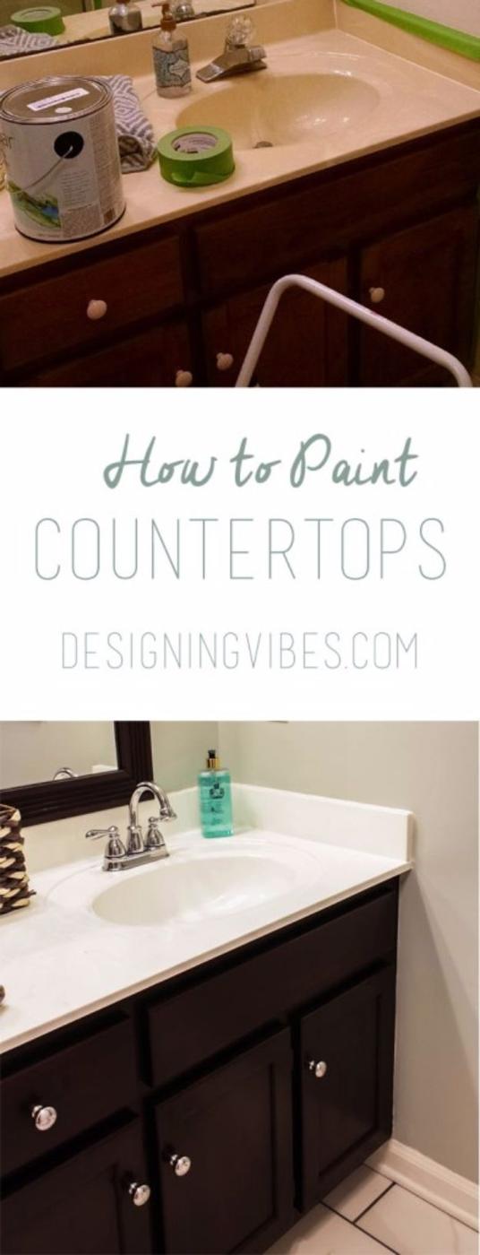 Bathroom vanity before and after, a cream cultured marble countertop painted white above dark stained cabinet doors