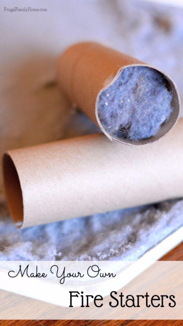 Cardboard tube packed with blue gray dryer lint on paper, under a typeset Make Your Own Fire Starters title