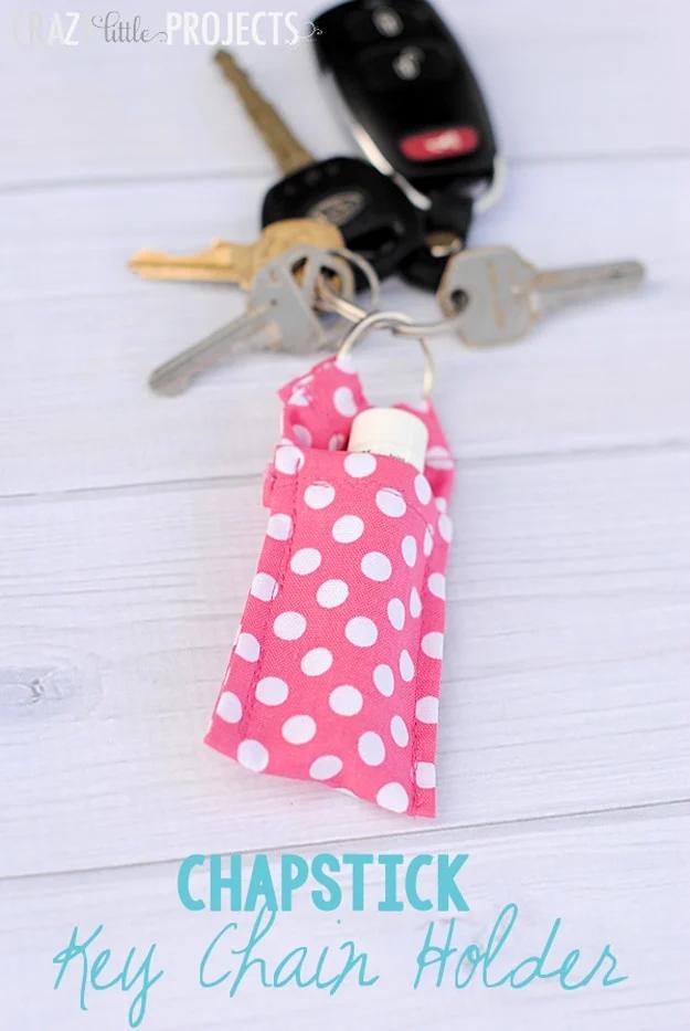 DIY crafts to make and sell: chapstick holder that clips onto keys or a purse, sewn from fabric scraps for stocking stuffers