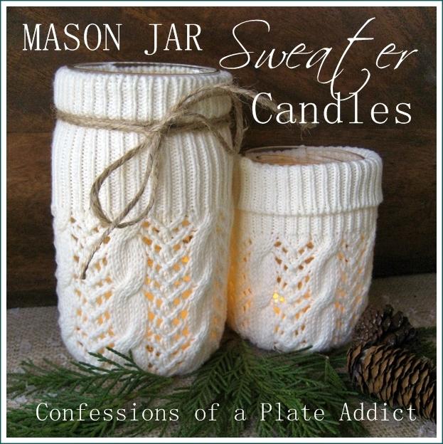 Cream cable knit sweater sleeves on two candle jars tied with jute twine, glowing beside a pine cone, with a title overlay