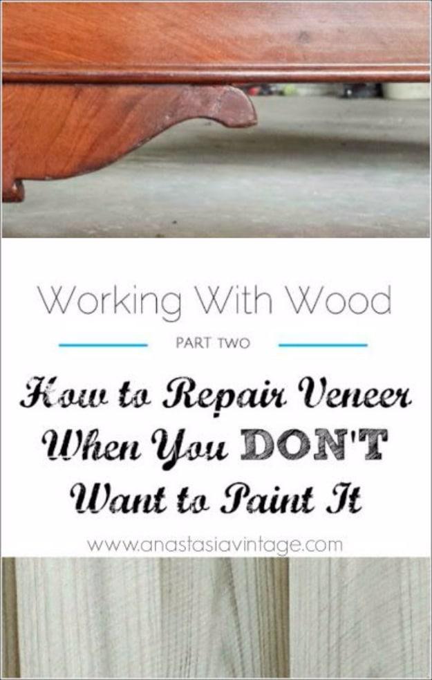 DIY home repair: the carved base of a mahogany veneered dresser, under a typeset Working With Wood part two title