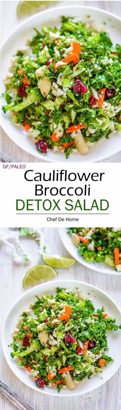 Cauliflower and broccoli detox salad shredded fine with kale, carrots, cranberries, almonds and poppy seeds