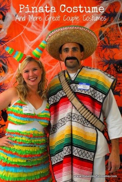 Pinata couples costume made from bright fringed crepe paper streamers with styrofoam cone ears on a headband
