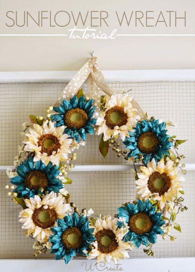 Best Crafts for Fall - Sunflower Wreath - DIY Mason Jar Ideas, Dollar Store Crafts, Rustic Pumpkin Ideas, Wreaths, Candles and Wall Art, Centerpieces, Wedding Decorations, Homemade