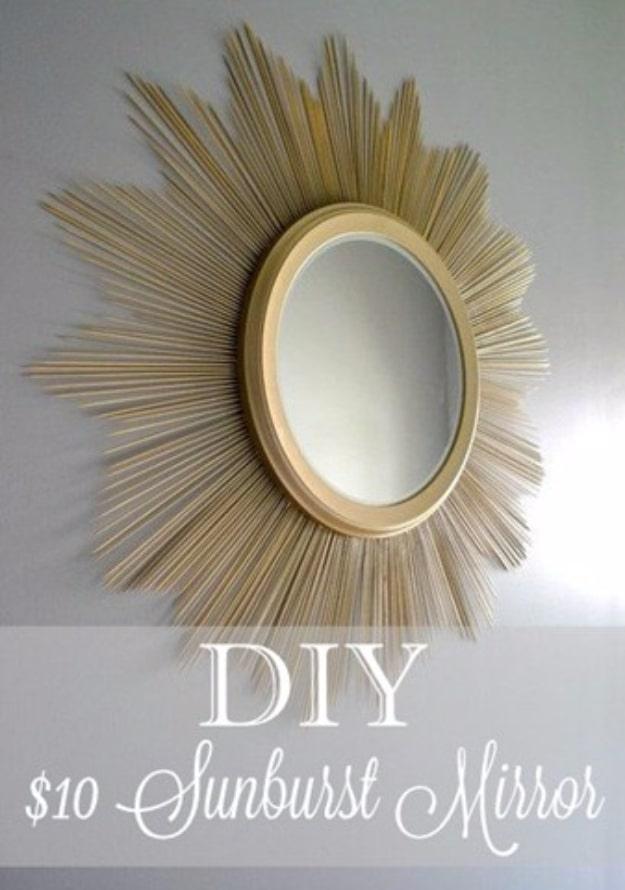 $10 DIY Sunburst Mirror, budget friendly using stuff already sitting in a bin and a detail guests always ask about