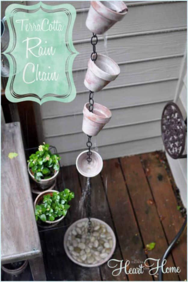 Terra Cotta Rain Chain graphic showing pale pots hung on a chain beside gray siding over a pebble basin
