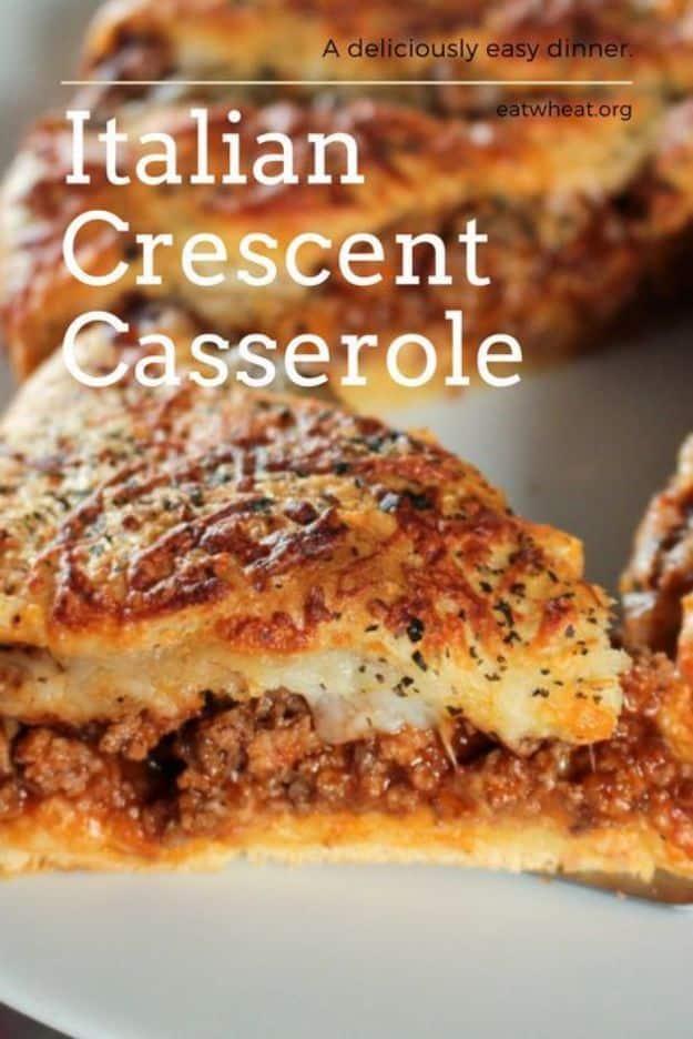 Italian crescent casserole baked in a pie plate with crescent roll dough folded over beef and cheese