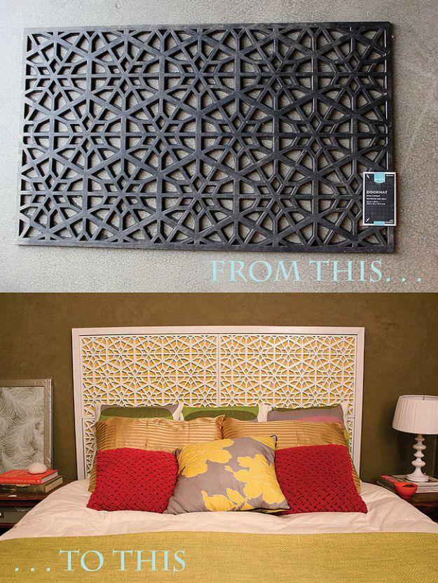 Cut pattern rubber doormats turned into a cream Moroccan style headboard, shown as a before and after