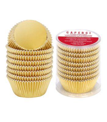 Easy Christmas craft supplies showing stacked gold metallic cupcake liners for a handmade paper ornament