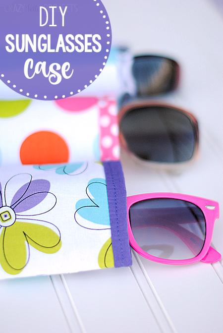 DIY sunglasses case graphic, a floral case with a purple tab beside three pairs of colorful sunglasses