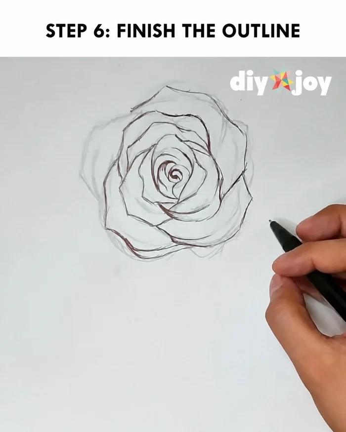 How to draw a rose - finished black ink outline of the rose