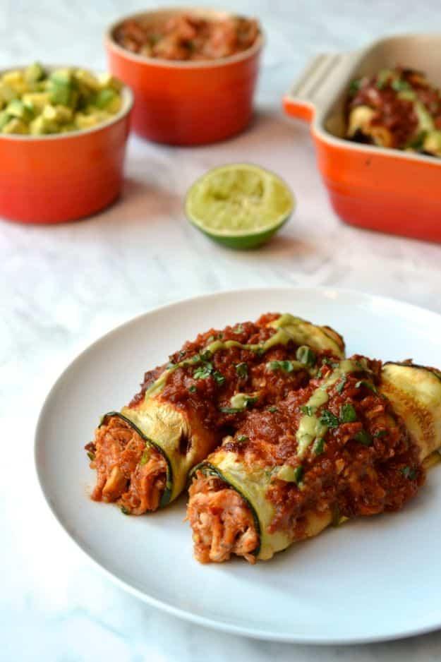 Enchiladas - Zucchini Wrapped Chicken Enchiladas - Best Easy Enchilada Recipes and Enchilada Casserole With Chicken, Beef, Cheese, Shrimp, Turkey and Vegetarian - Healthy Salsa for