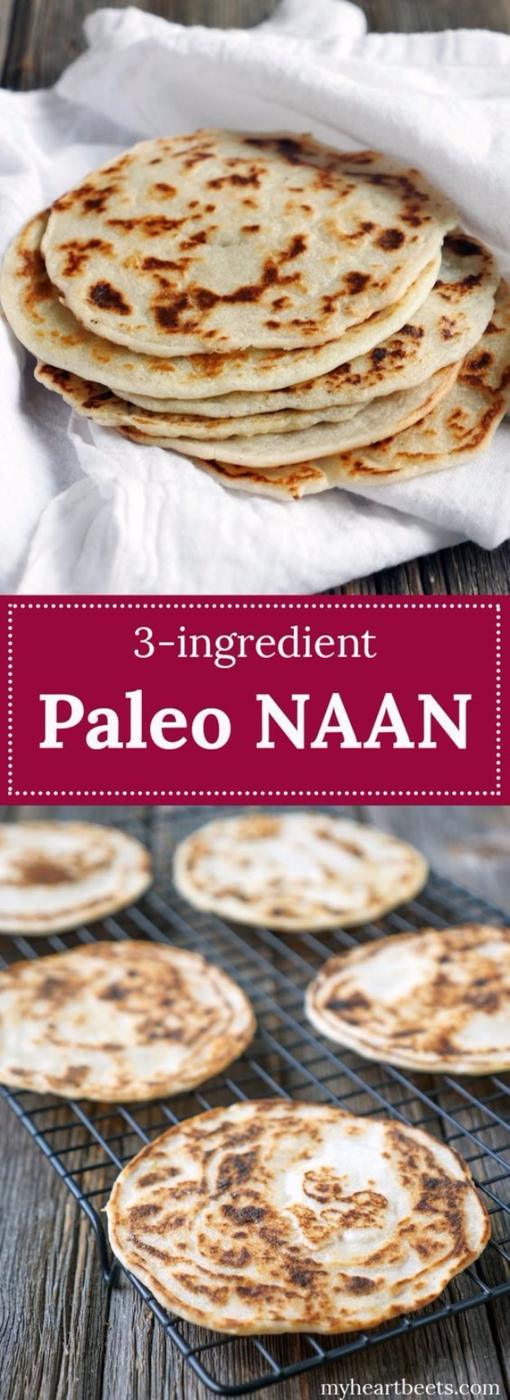 A stack of paleo naan flatbreads with charred spots on top, a gluten free 3 ingredient flatbread recipe